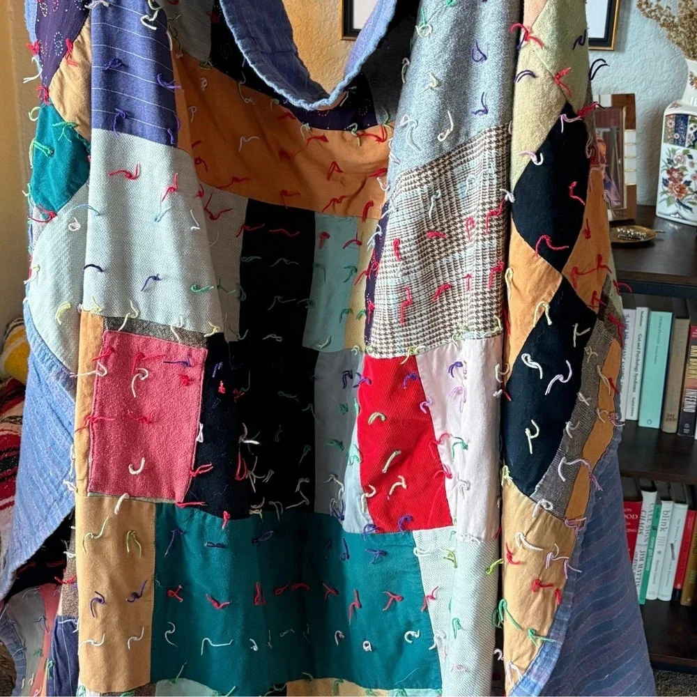 Vintage Handmade Scrap Patchwork Quilt – Mixed Cotton & Wool –‎ Tied Quilt